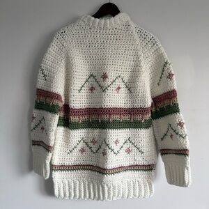 Cozy White, Pink and Green Hand-knit Sweater